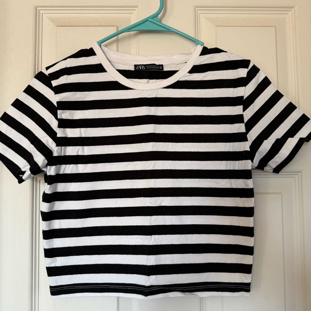 Zara Black and White Striped Cropped T-Shirt